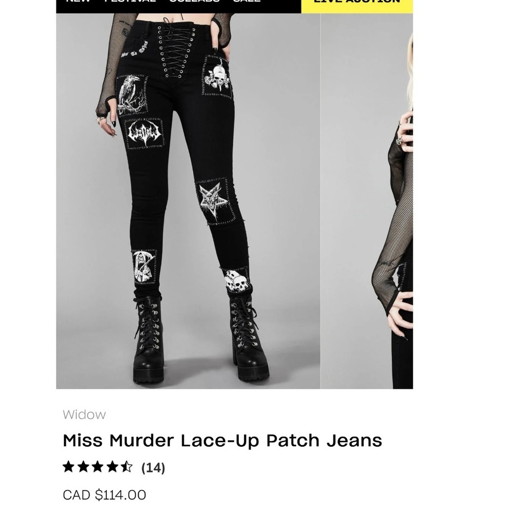 NWT Widow Miss Murder Lace-Up Patch Jeans, Med - Picture 8 of 12